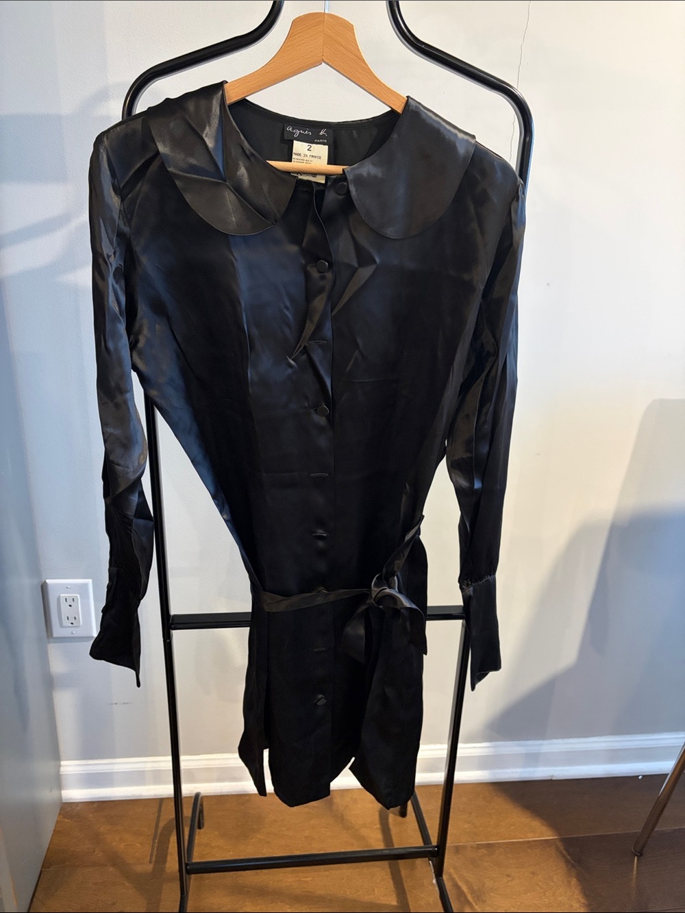 Agnes B. Black Satin Long-Sleeve Button Dress with Tie
